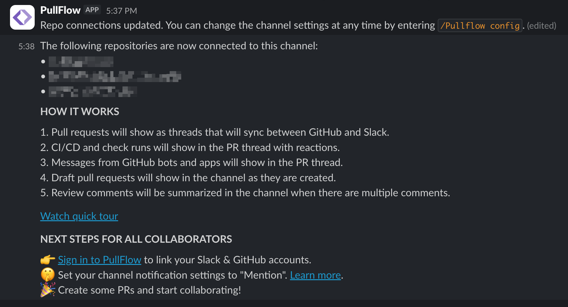 The Vault team pinned PullFlow's automated slack connection message to their code review channel for ease of onboarding